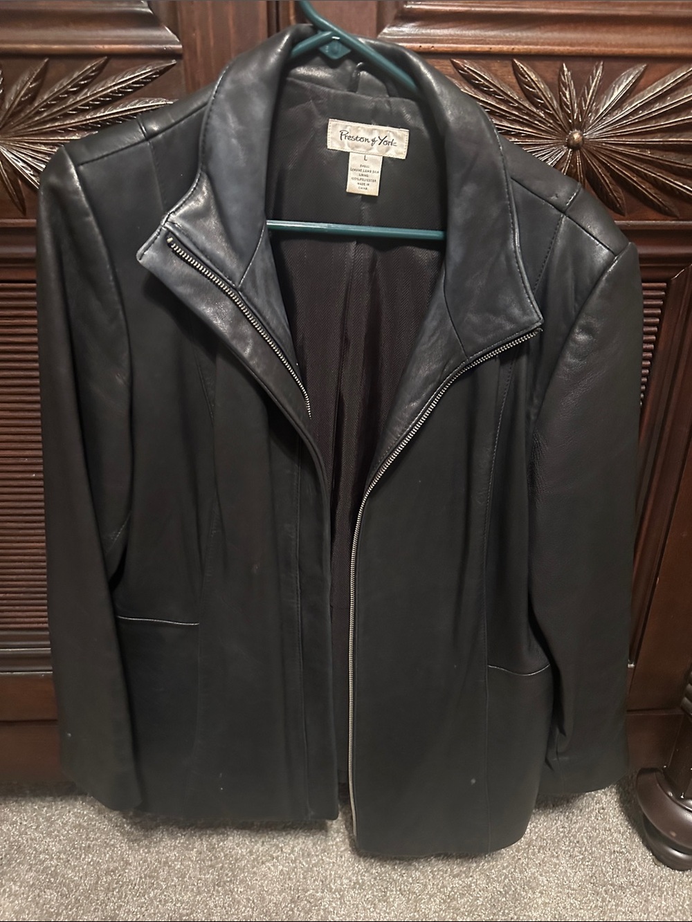 Preston & York Black Leather Jacket with Teal Hanger Accent